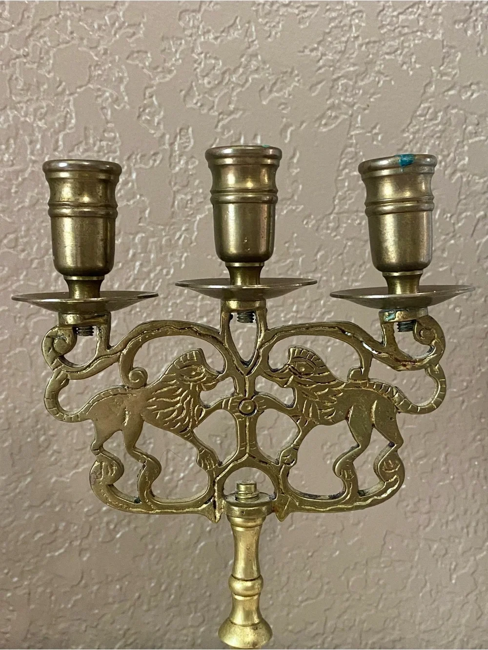 Brass Triple-Arm Lion Motif Candelabra